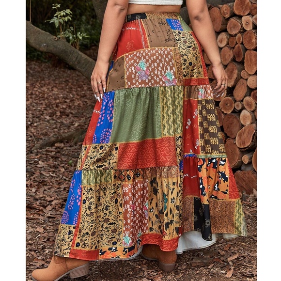 Plus floral print Patchwork Stretchy Waist Maxi Skirt - Picture 2 of 4